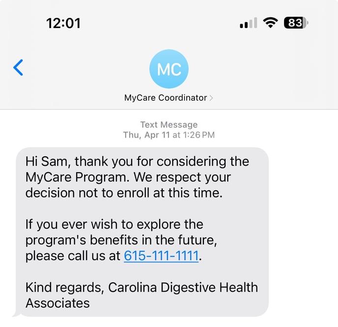 Enrollment Text - Declined