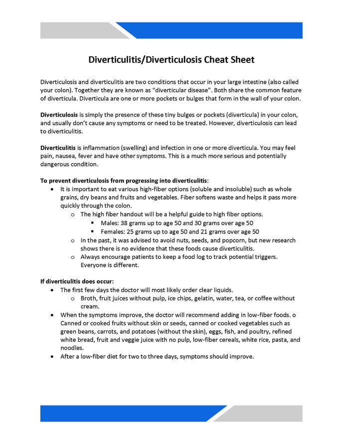 Diverticultitis and Diverticulosis Cheat Sheet