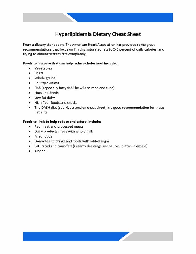 Hyperlipidemia Dietary Cheat Sheet